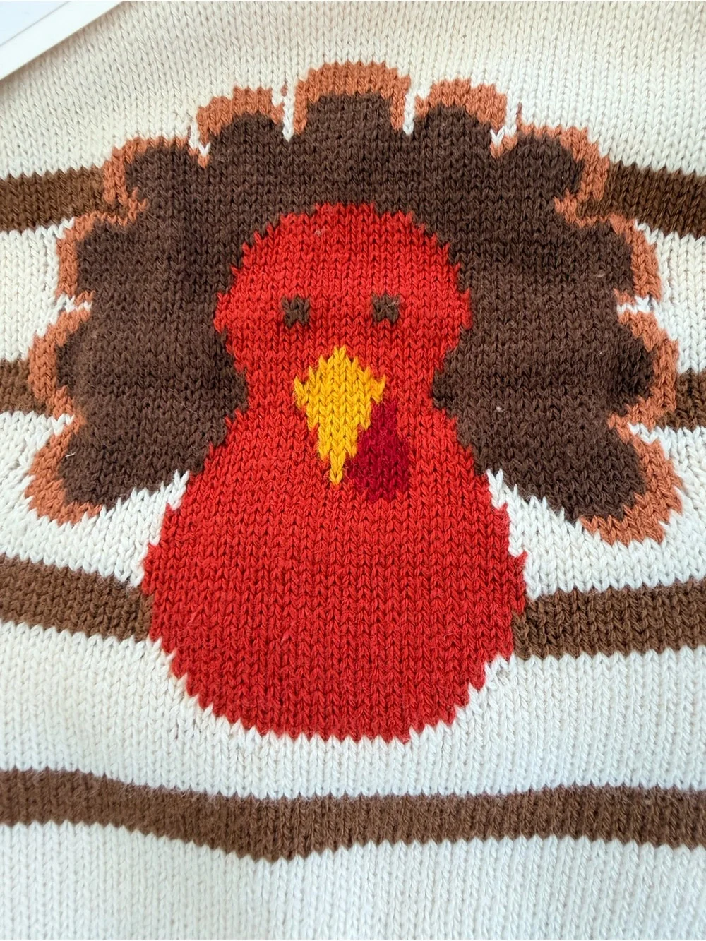 Kids Cream & Brown Striped Knit Matching Set with Turkey Motif 6M